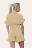 Camel Pleated Ruffle Shirt Short Playsuit With Frill Hems For Women ONE SIZE UK FIT (8-16) - Dropwear