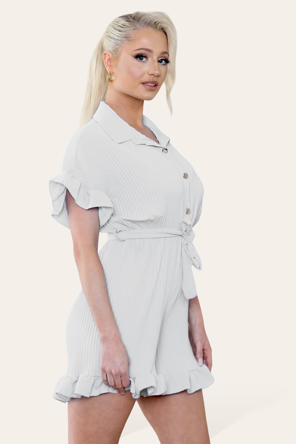 Pleated Ruffle Shirt Short Playsuit With Frill Hems For Women  - Dropwear