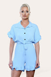 Beige Pleated Ruffle Shirt Short Playsuit With Frill Hems For Women ONE SIZE UK FIT (8-16) - Dropwear