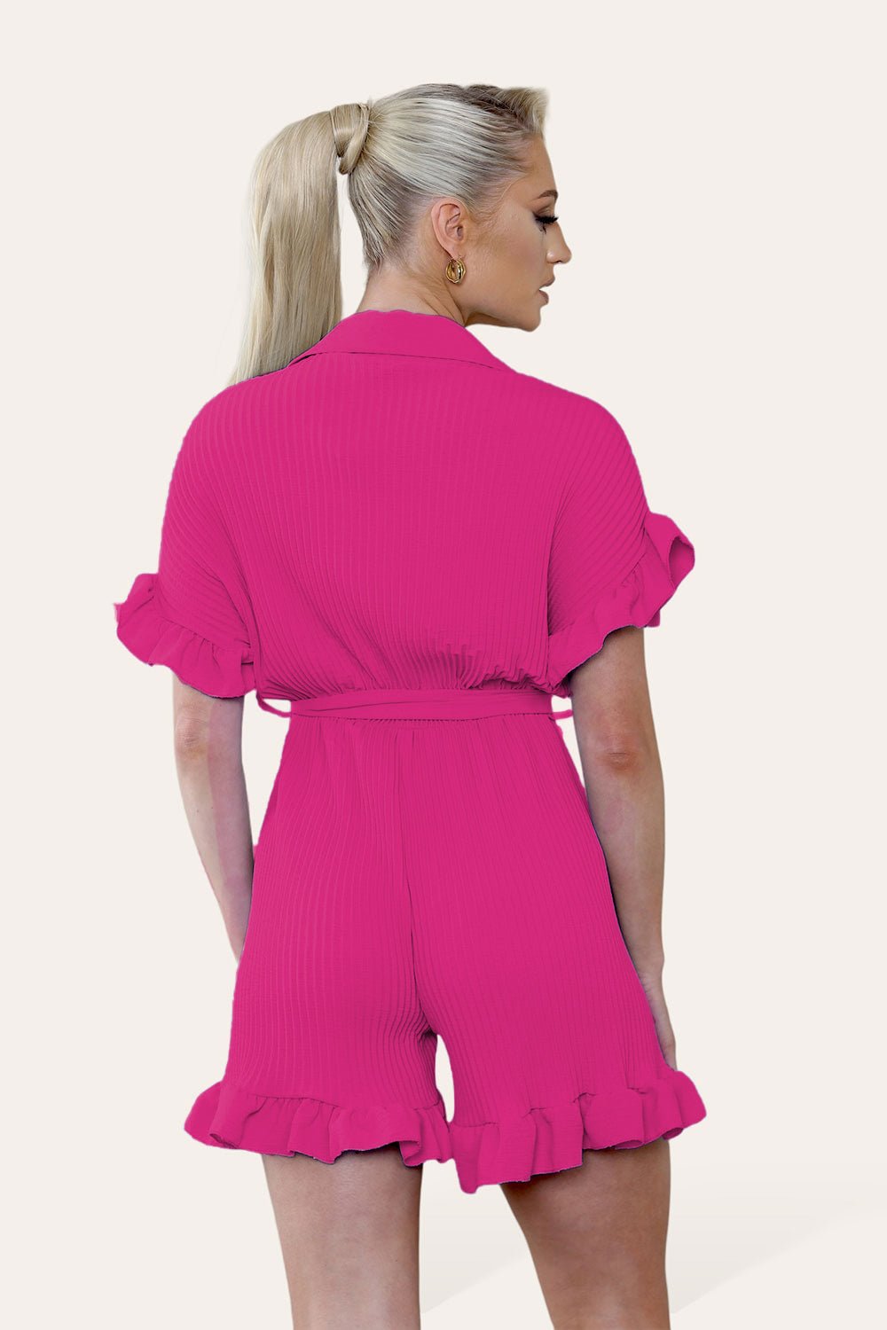 Royal Blue Pleated Ruffle Shirt Short Playsuit With Frill Hems For Women ONE SIZE UK FIT (8-16) - Dropwear