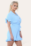 Sky Blue Pleated Ruffle Shirt Short Playsuit With Frill Hems For Women ONE SIZE UK FIT (8-16) - Dropwear