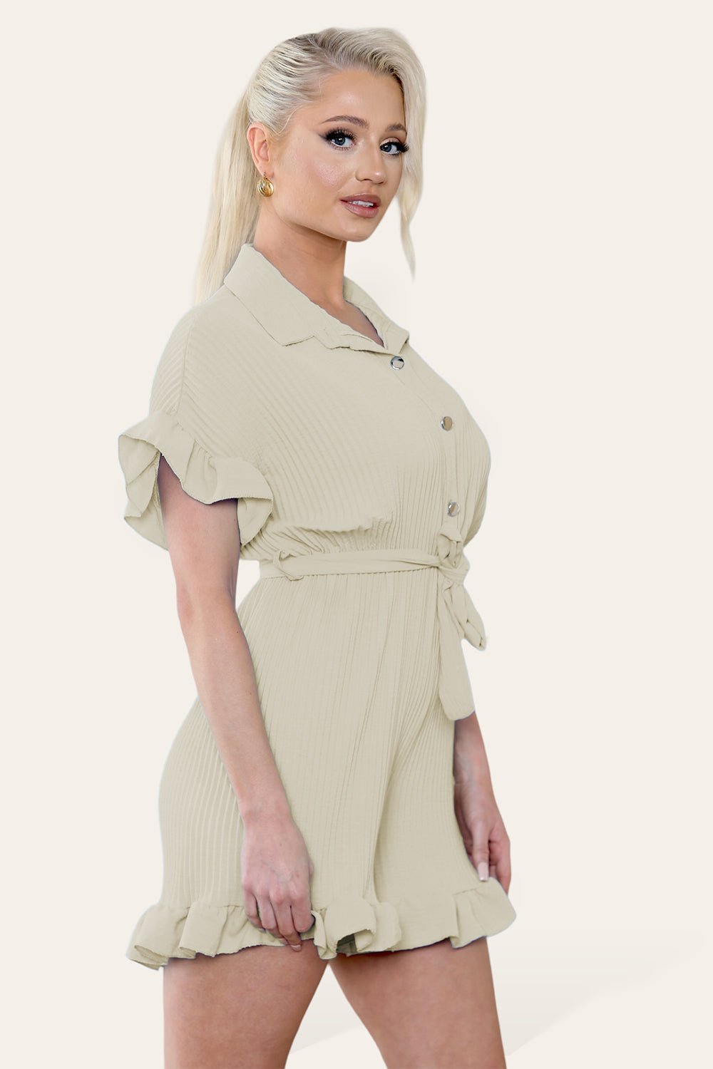 Pleated Ruffle Shirt Short Playsuit With Frill Hems For Women  - Dropwear