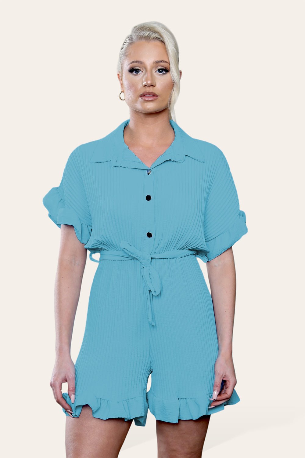 Aqua / Turquoise Pleated Ruffle Shirt Short Playsuit With Frill Hems For Women ONE SIZE UK FIT (8-16) - Dropwear