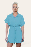 Aqua / Turquoise Pleated Ruffle Shirt Short Playsuit With Frill Hems For Women ONE SIZE UK FIT (8-16) - Dropwear