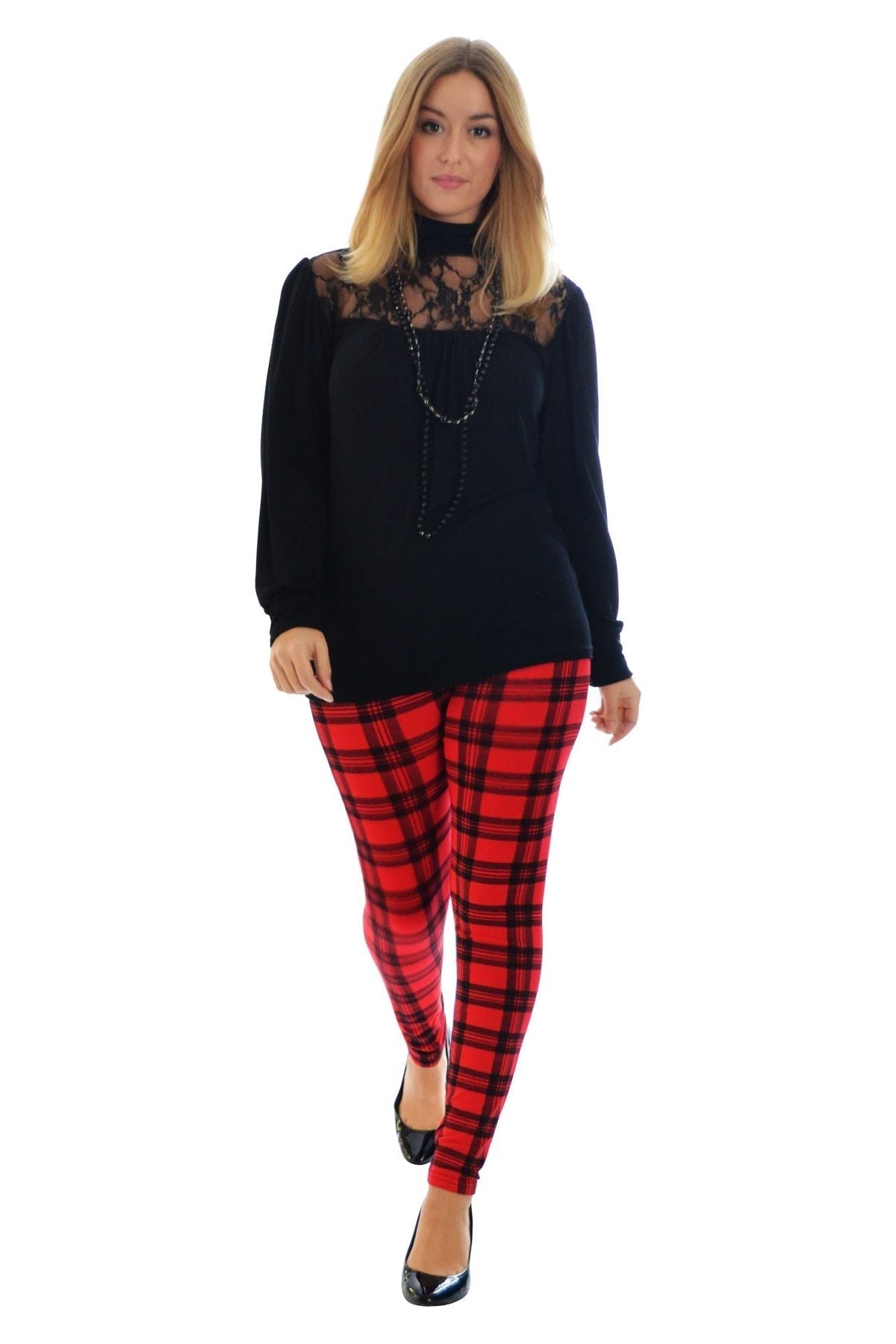 Blue Plus Size Tartan Check Print Long Leggings For Women 24-26 - Dropwear