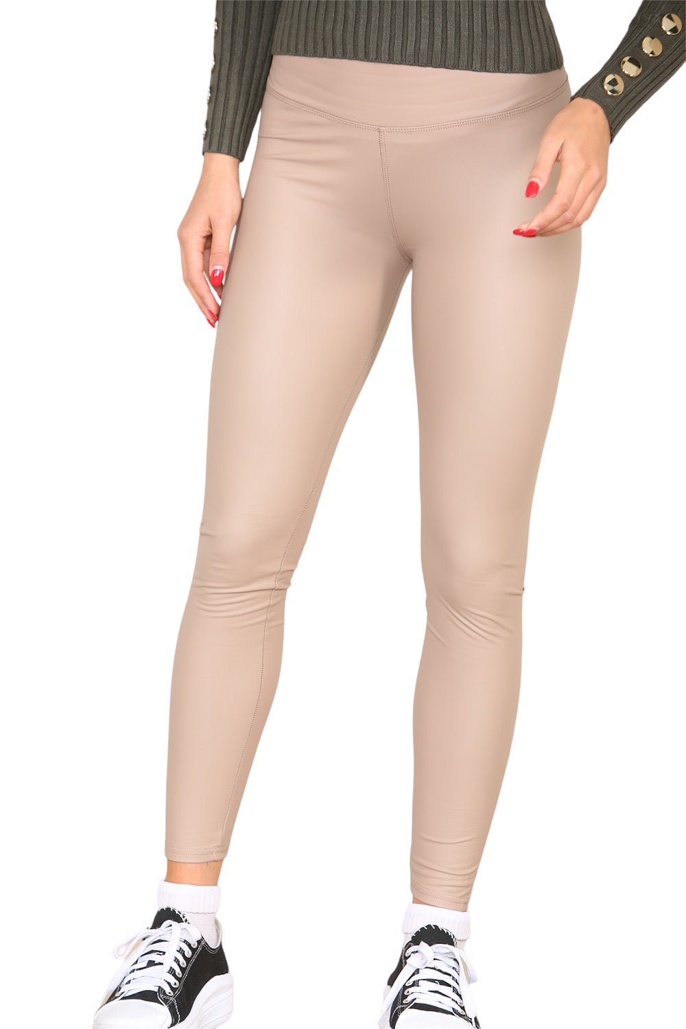 Beige PU Fleece Line High Waisted Wet Look Faux Leather Legging For Women M/L - Dropwear
