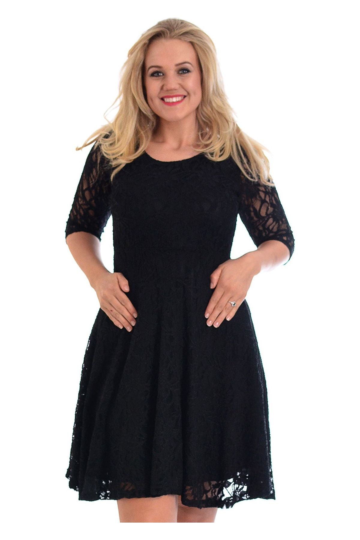 Black Plus size 3/4 Sleeve Ladies Skater Dress For Women 14 - Dropwear