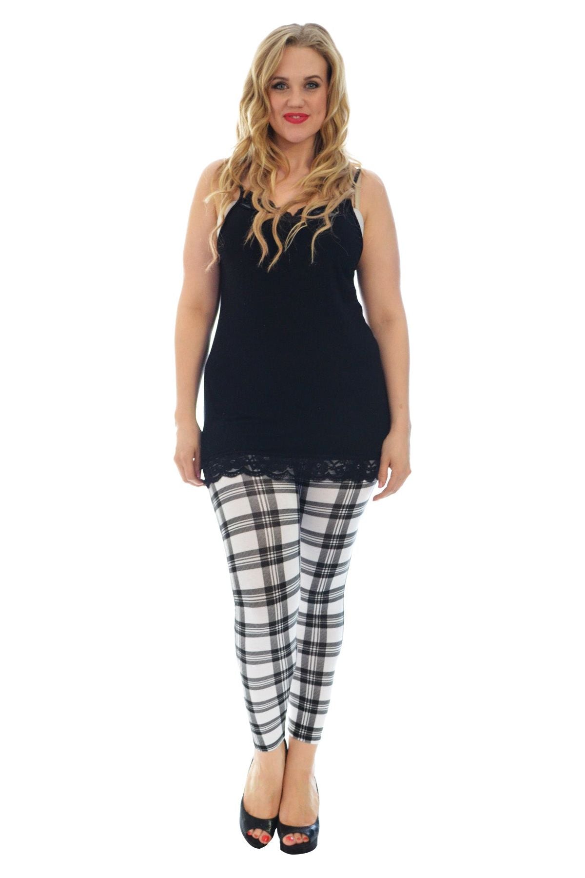 Blue Plus Size Tartan Check Print Long Leggings For Women 20-22 - Dropwear