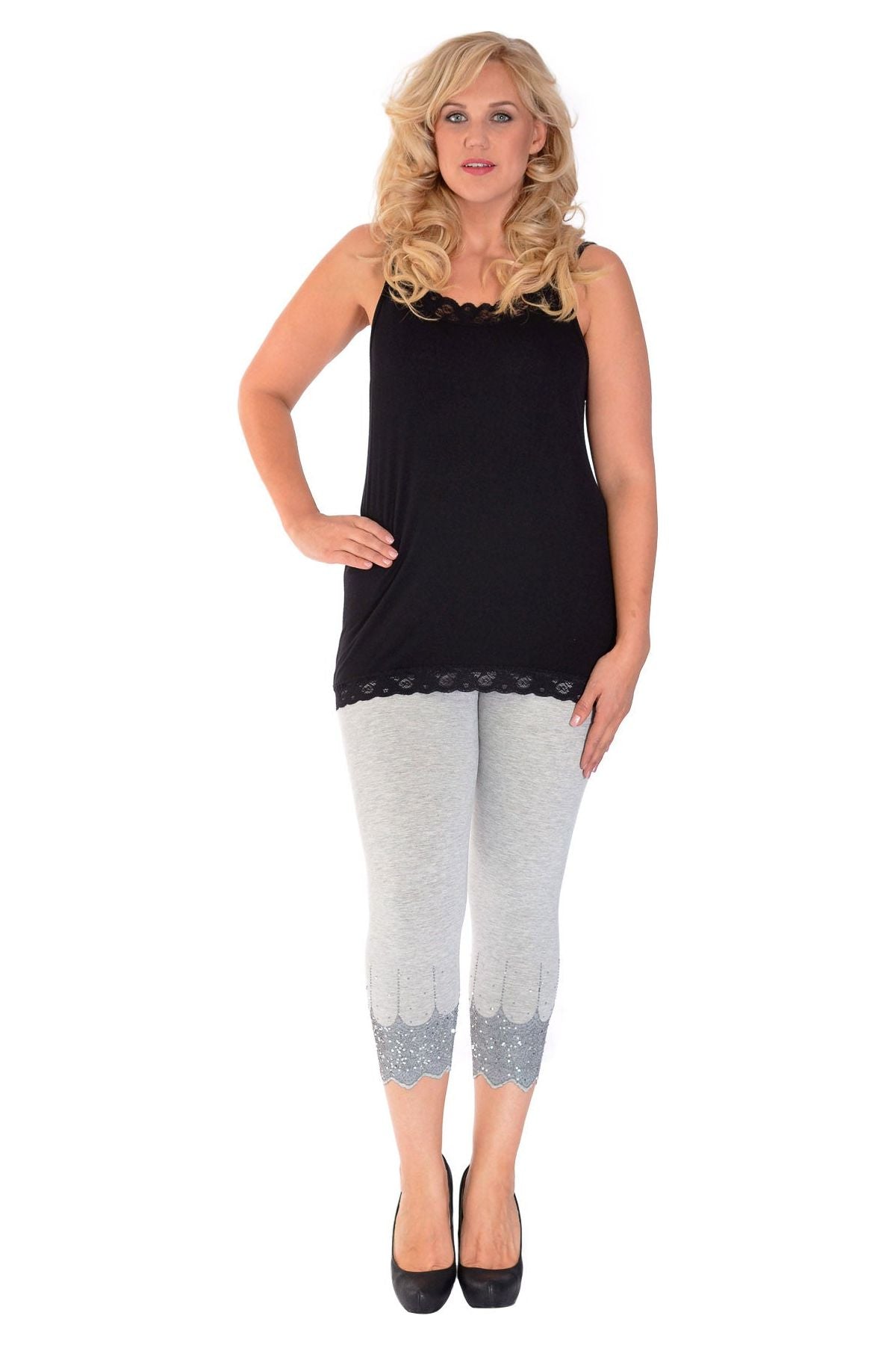 Black Silver Plus Size Scallop Edge Sequin Leggings For Women 16-18 - Dropwear