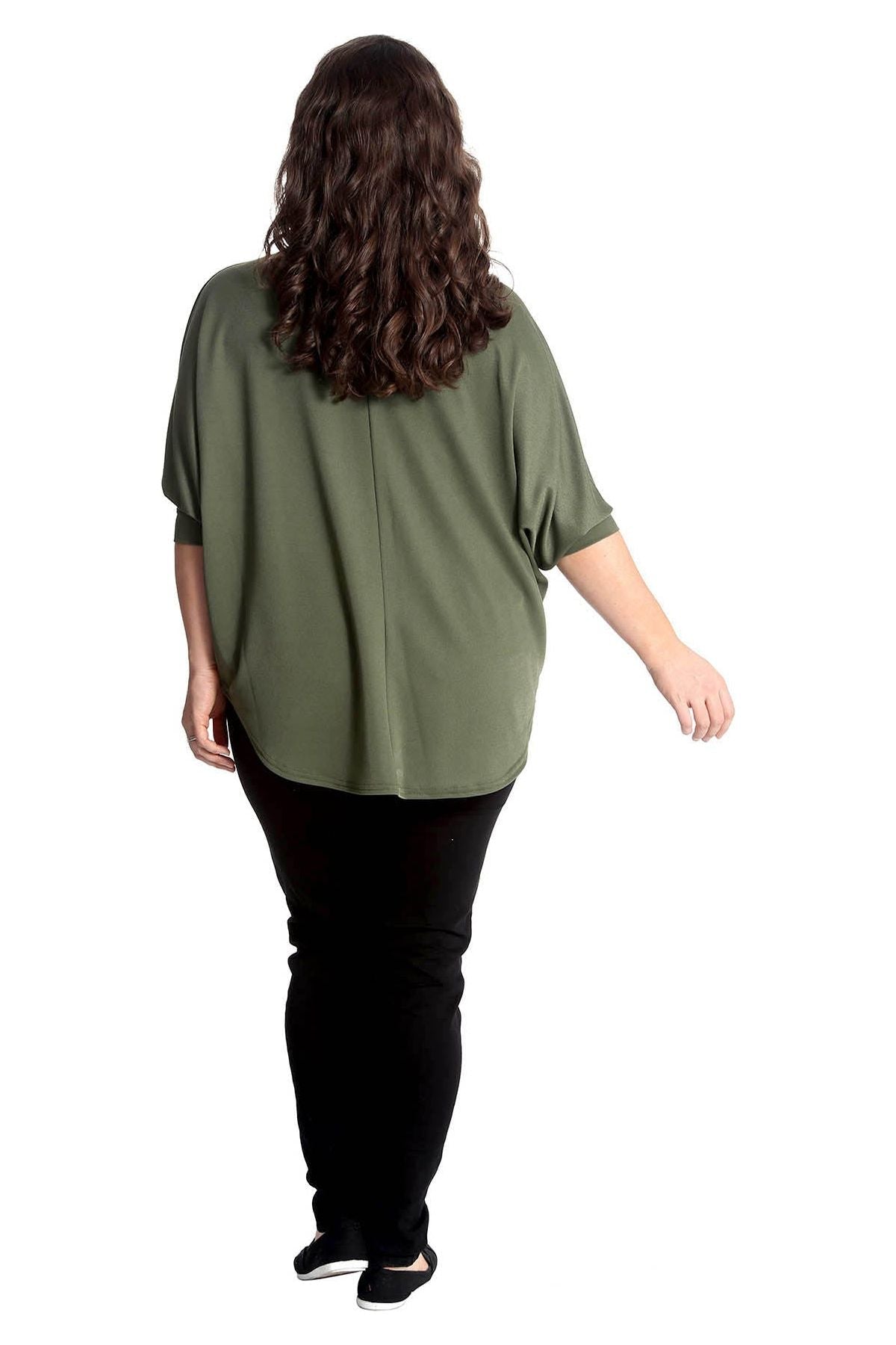 Zip Curved Hem V-Neck Batwing Sleeve Top For Women  - Dropwear