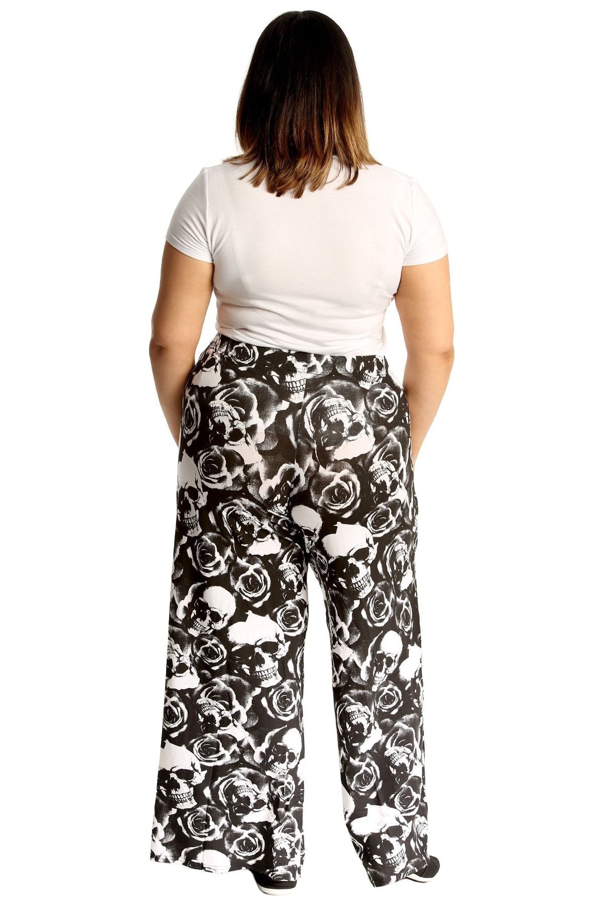 Plus Size Skull Roses Print Palazzo Trouser For Women  - Dropwear