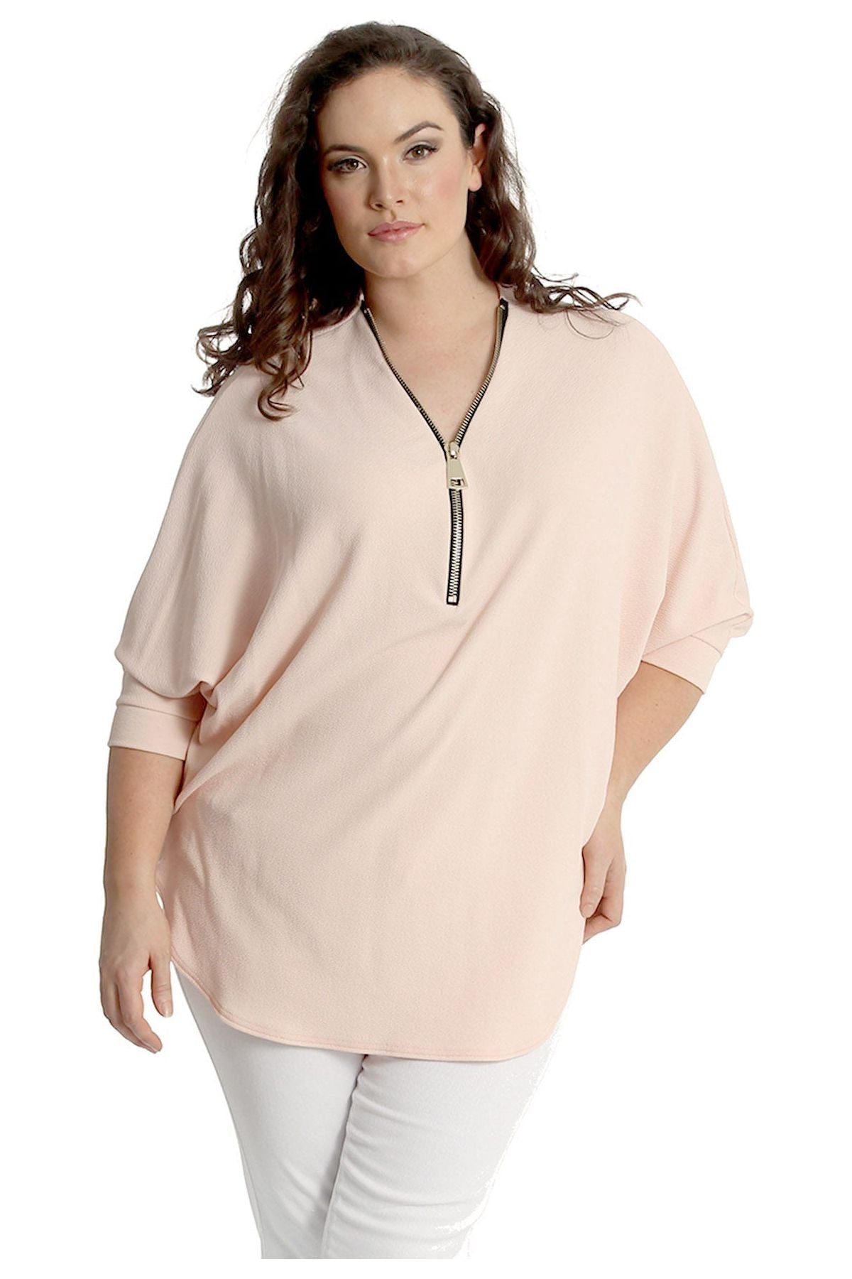 Zip Curved Hem V-Neck Batwing Sleeve Top For Women  - Dropwear
