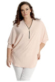Zip Curved Hem V-Neck Batwing Sleeve Top For Women  - Dropwear
