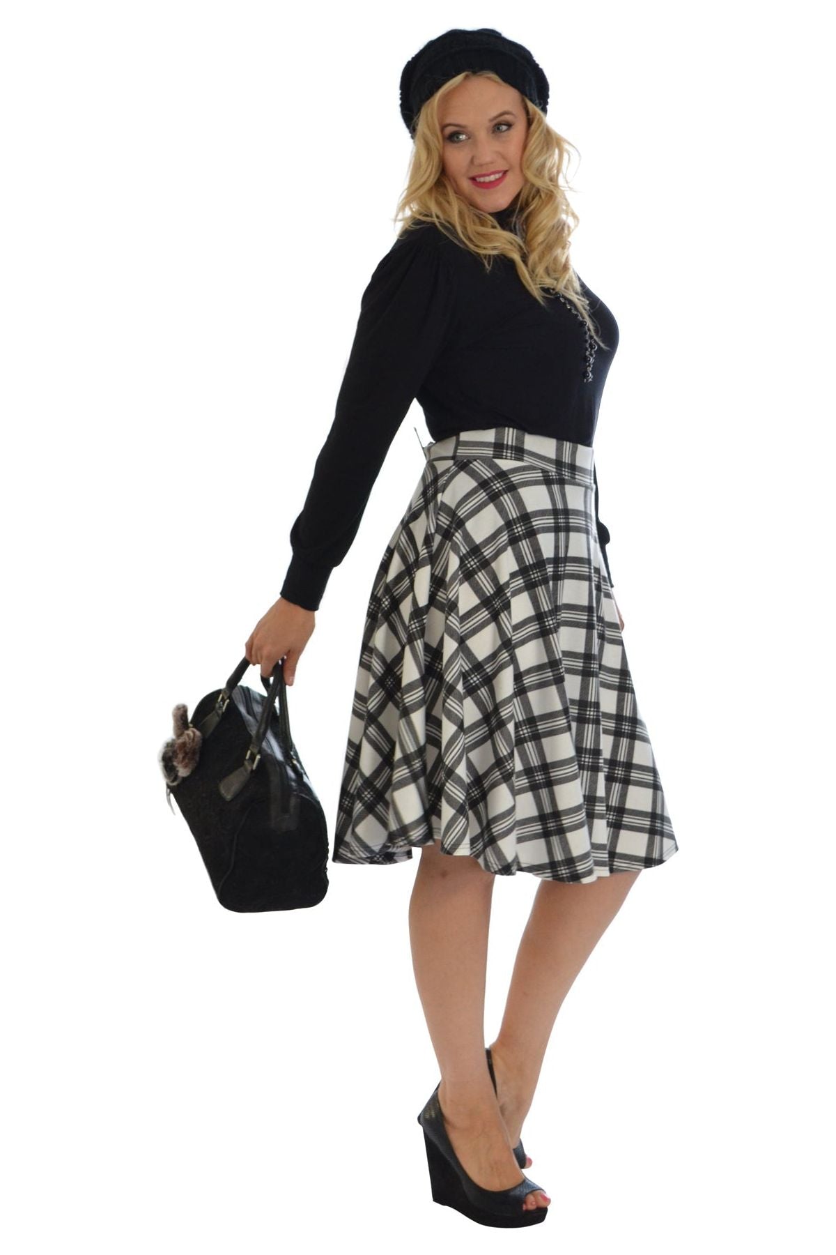 Royal Blue Tartan Flared Elastic Waist Skater Skirt For Women 18 - Dropwear