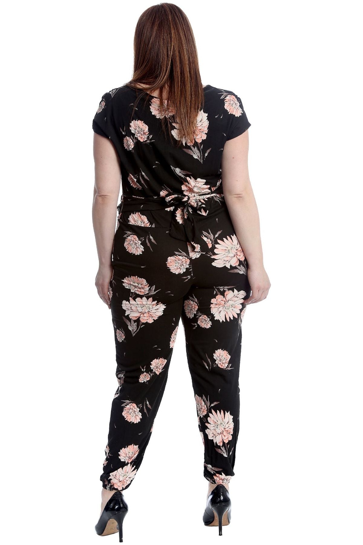 Black Plus Size Short Sleeve Tied Belted Floral Print Cowl Neck Jumpsuit For Women 18 - Dropwear