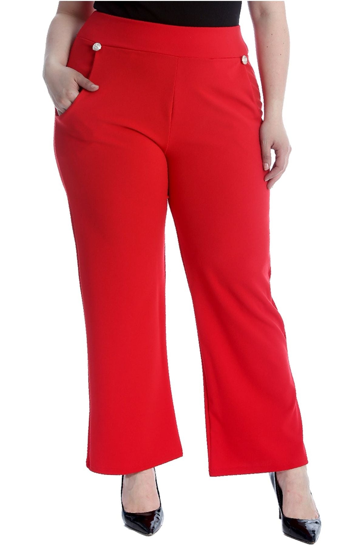 Red Plus Button Embellished Pocket Palazzo Trousers For Women 16 - Dropwear