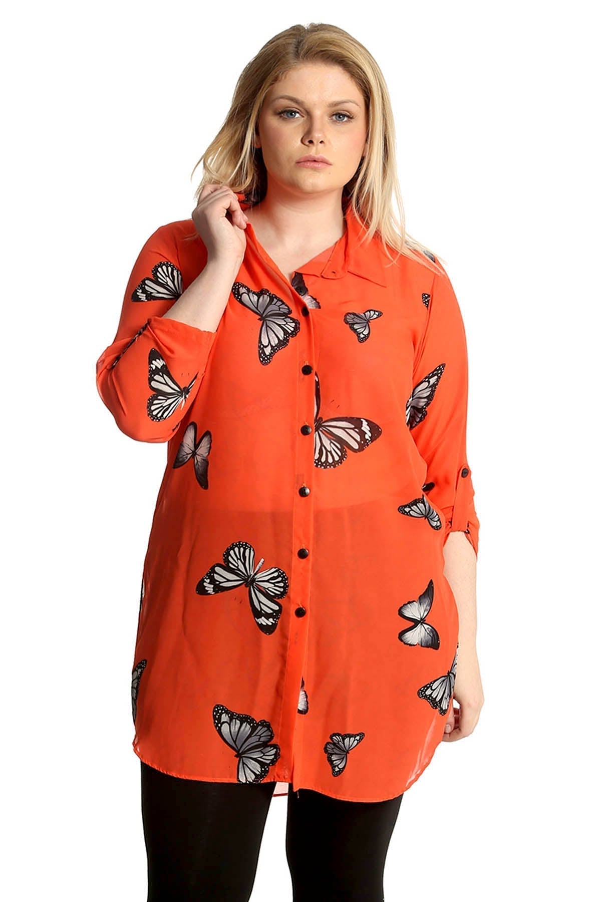 Black Butterfly Print Side Slit Curved Hem Top For Women 22 - Dropwear