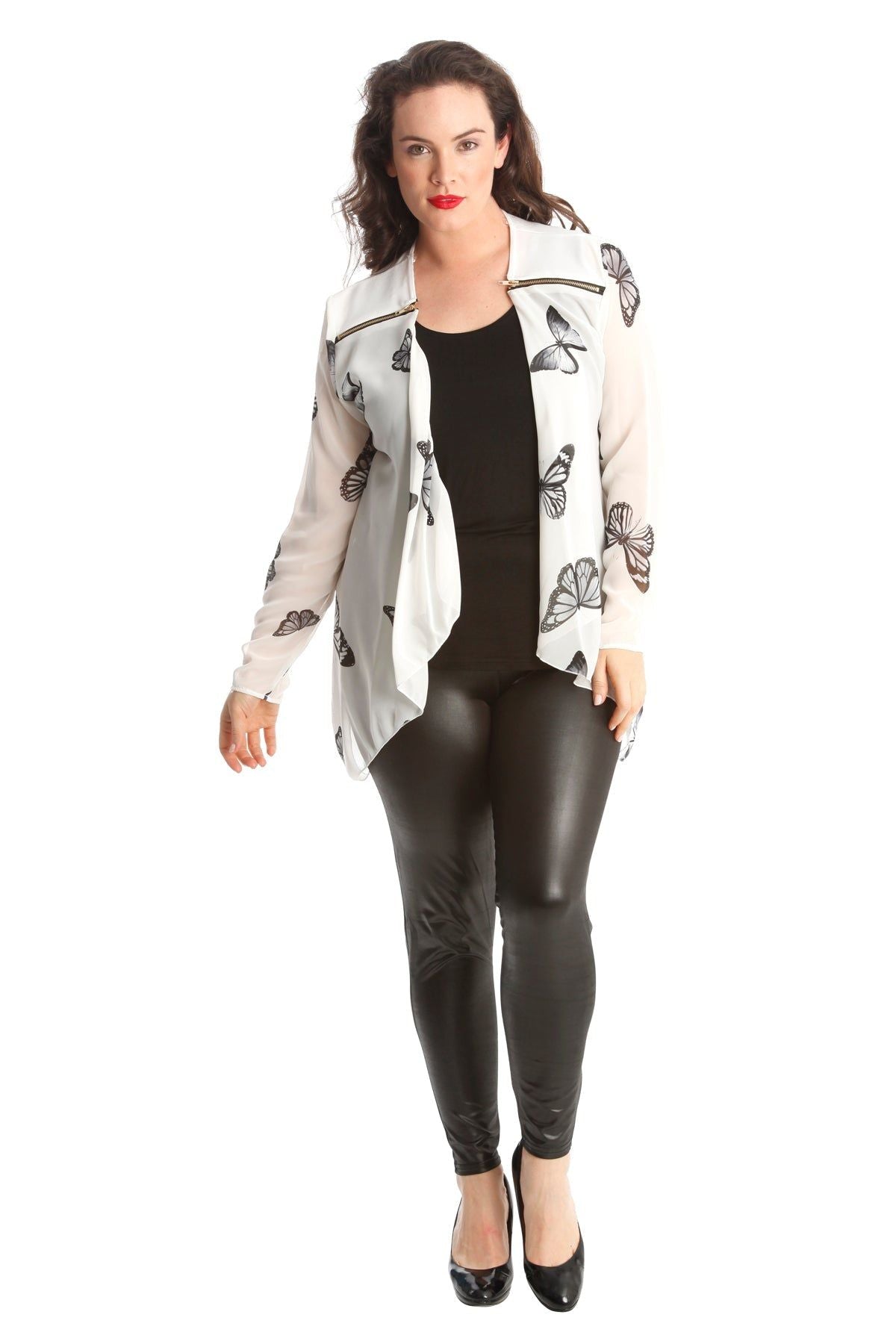 Cream Chiffon Butterfly Print Sheer Cardigan Top For Women 14 - Dropwear