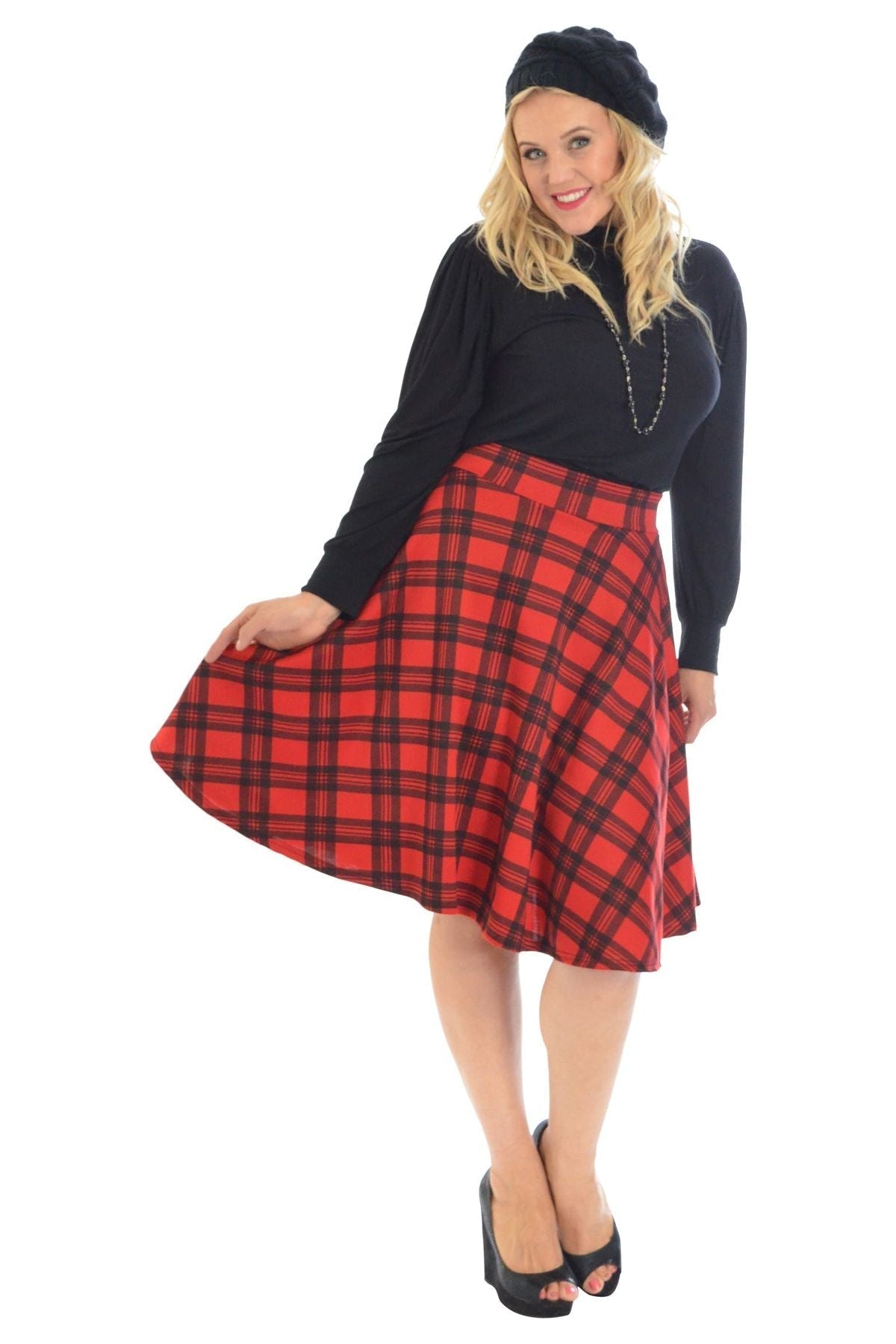 Charcoal Tartan Flared Elastic Waist Skater Skirt For Women 14 - Dropwear