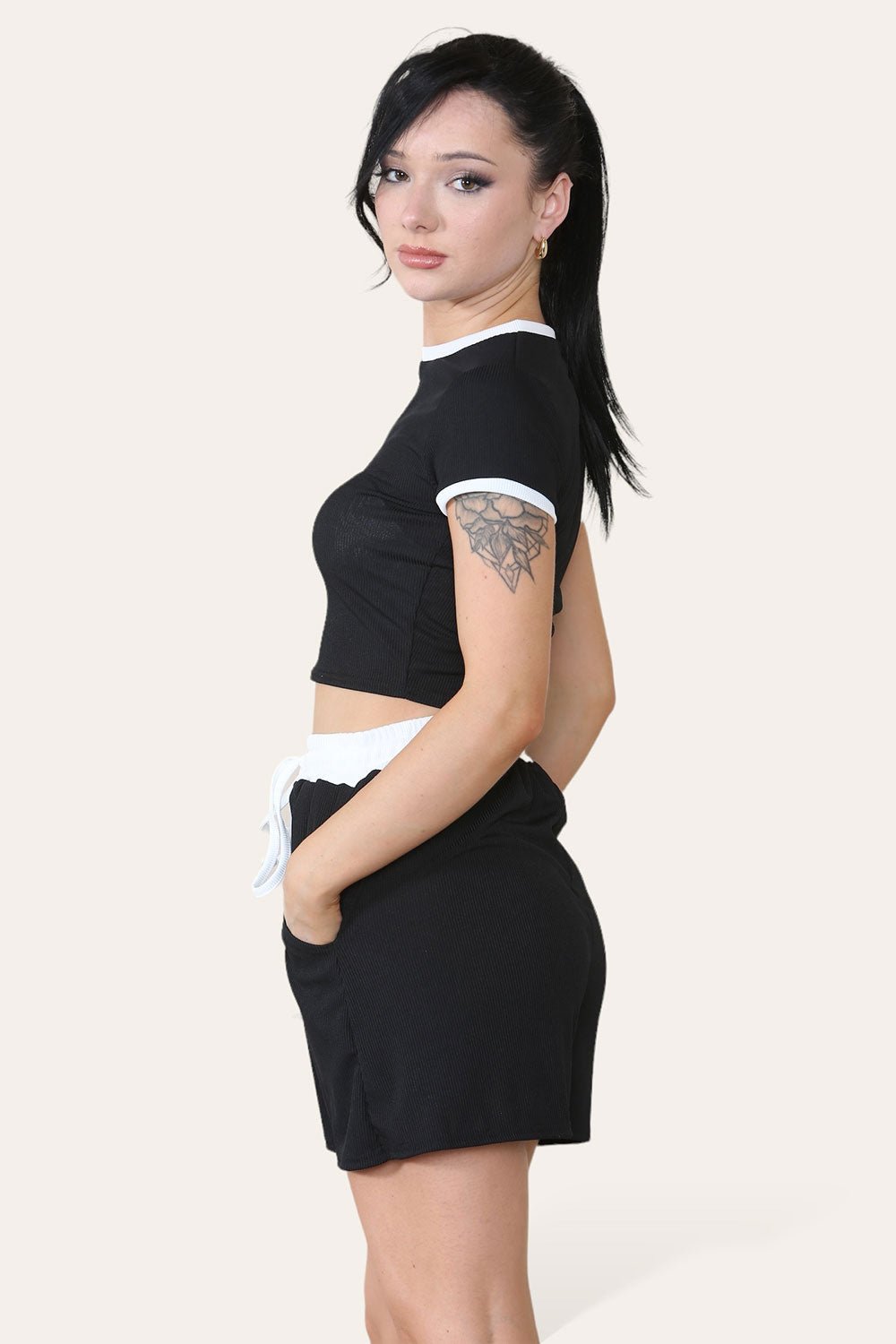 Baby Pink Ribbed Contrast Waistband Top and Short Set For Women ONE SIZE (8-14) - Dropwear