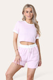Beige Ribbed Contrast Waistband Top and Short Set For Women ONE SIZE (8-14) - Dropwear