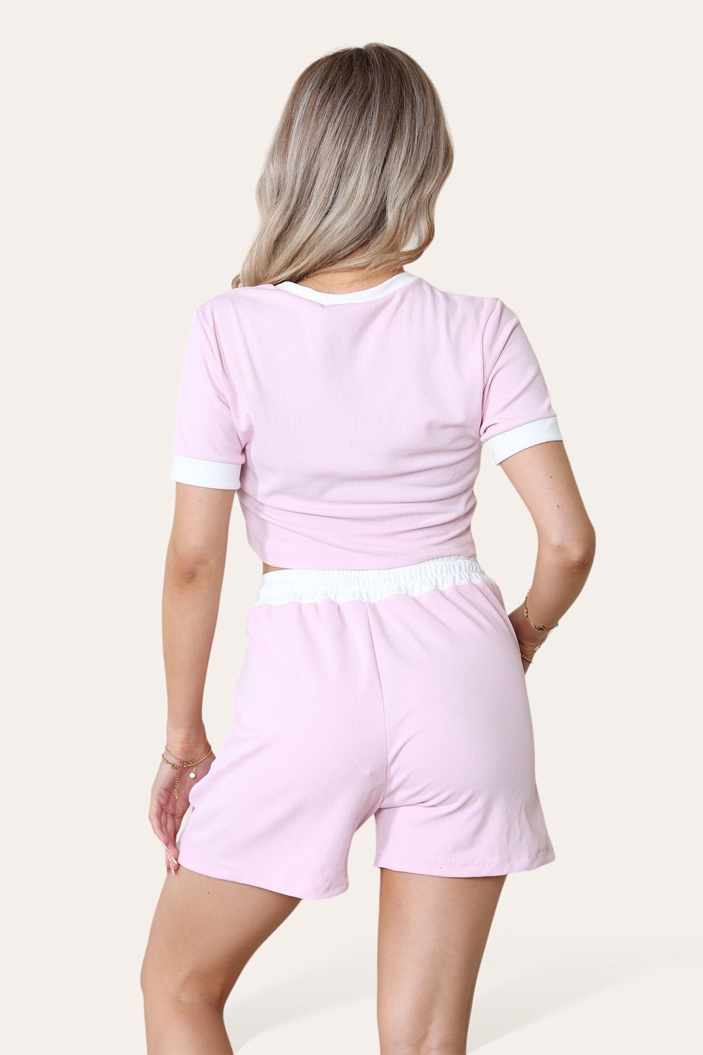 Grey Ribbed Contrast Waistband Top and Short Set For Women ONE SIZE (8-14) - Dropwear