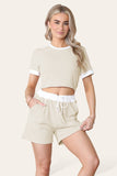 Ribbed Contrast Waistband Top and Short Set For Women  - Dropwear