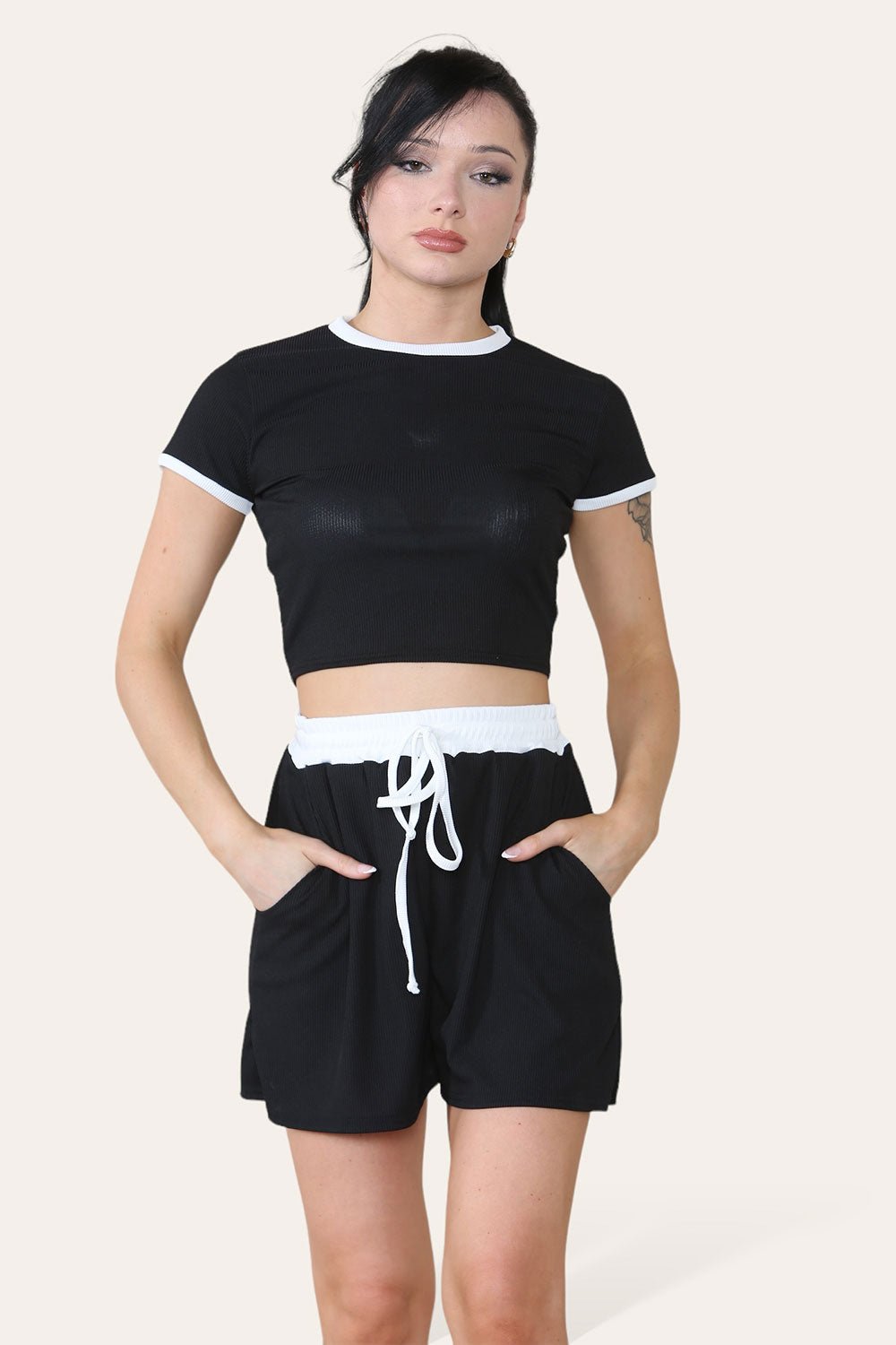 Black Ribbed Contrast Waistband Top and Short Set For Women ONE SIZE (8-14) - Dropwear