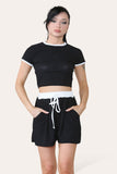 Black Ribbed Contrast Waistband Top and Short Set For Women ONE SIZE (8-14) - Dropwear