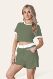 Ribbed Contrast Waistband Top and Short Set For Women  - Dropwear