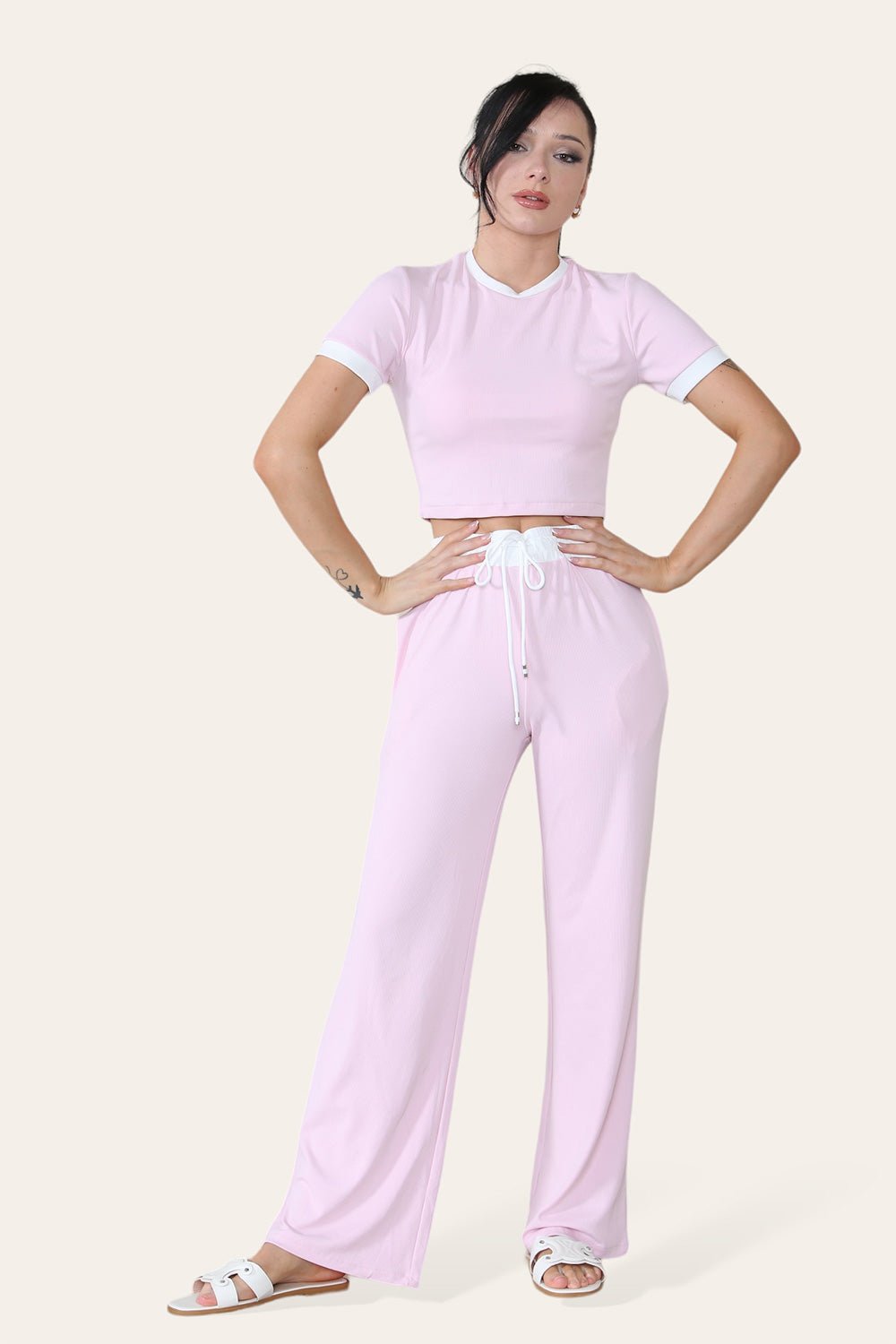 Baby Pink Ribbed Contrast Wide Leg Flared Trousers And Top Loungewear TRSÂ CroppedÂ Set For Women ONE SIZE (8-14) - Dropwear