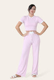 Baby Pink Ribbed Contrast Wide Leg Flared Trousers And Top Loungewear TRSÂ CroppedÂ Set For Women ONE SIZE (8-14) - Dropwear