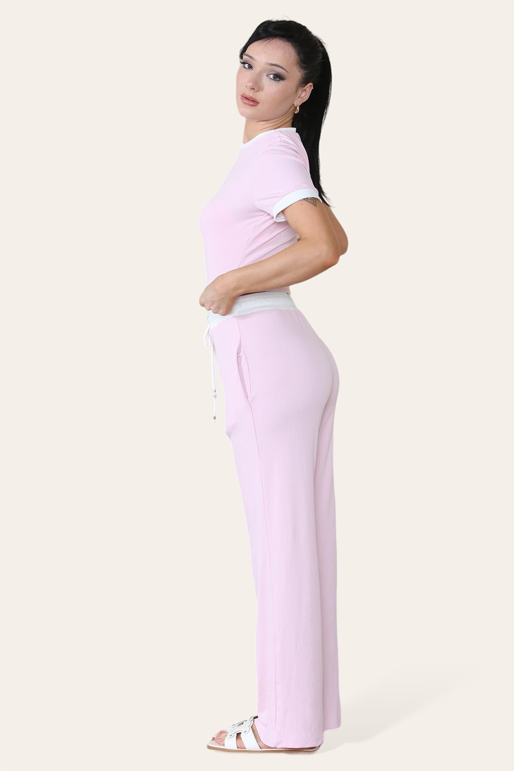 Grey Ribbed Contrast Wide Leg Flared Trousers And Top Loungewear TRSÂ CroppedÂ Set For Women ONE SIZE (8-14) - Dropwear