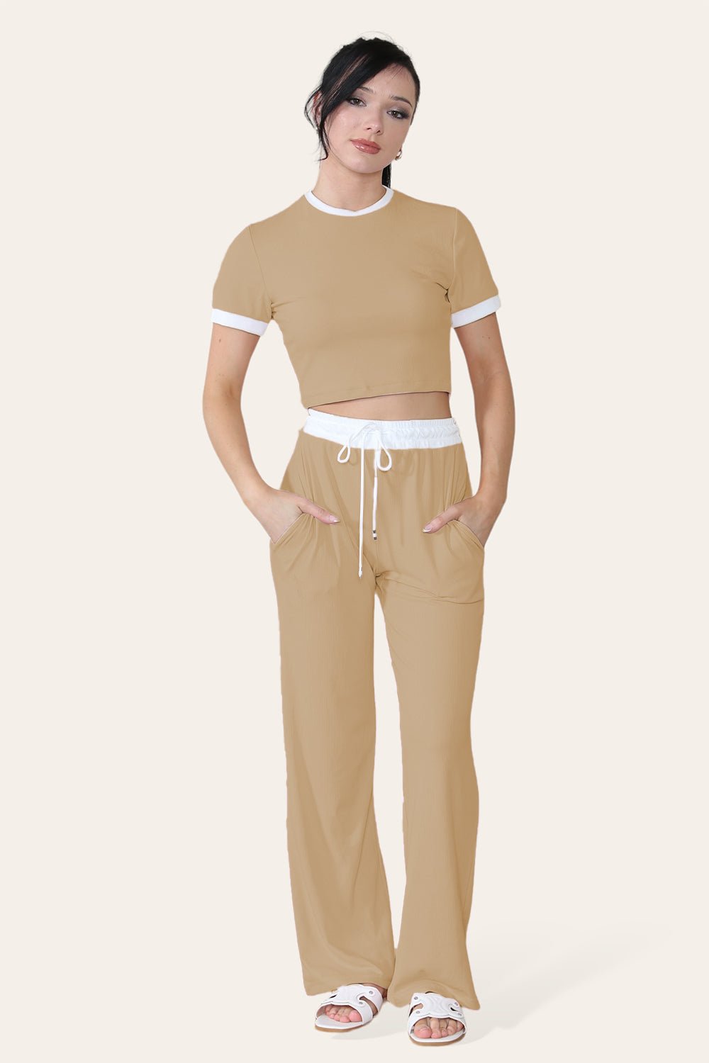 Ribbed Contrast Wide Leg Flared Trousers And Top Loungewear TRSÂ CroppedÂ Set For Women  - Dropwear