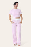 Beige Ribbed Contrast Wide Leg Flared Trousers And Top Loungewear TRSÂ CroppedÂ Set For Women ONE SIZE (8-14) - Dropwear