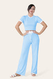 Sky Blue Ribbed Contrast Wide Leg Flared Trousers And Top Loungewear TRSÂ CroppedÂ Set For Women ONE SIZE (8-14) - Dropwear