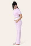 Khaki Ribbed Contrast Wide Leg Flared Trousers And Top Loungewear TRSÂ CroppedÂ Set For Women ONE SIZE (8-14) - Dropwear