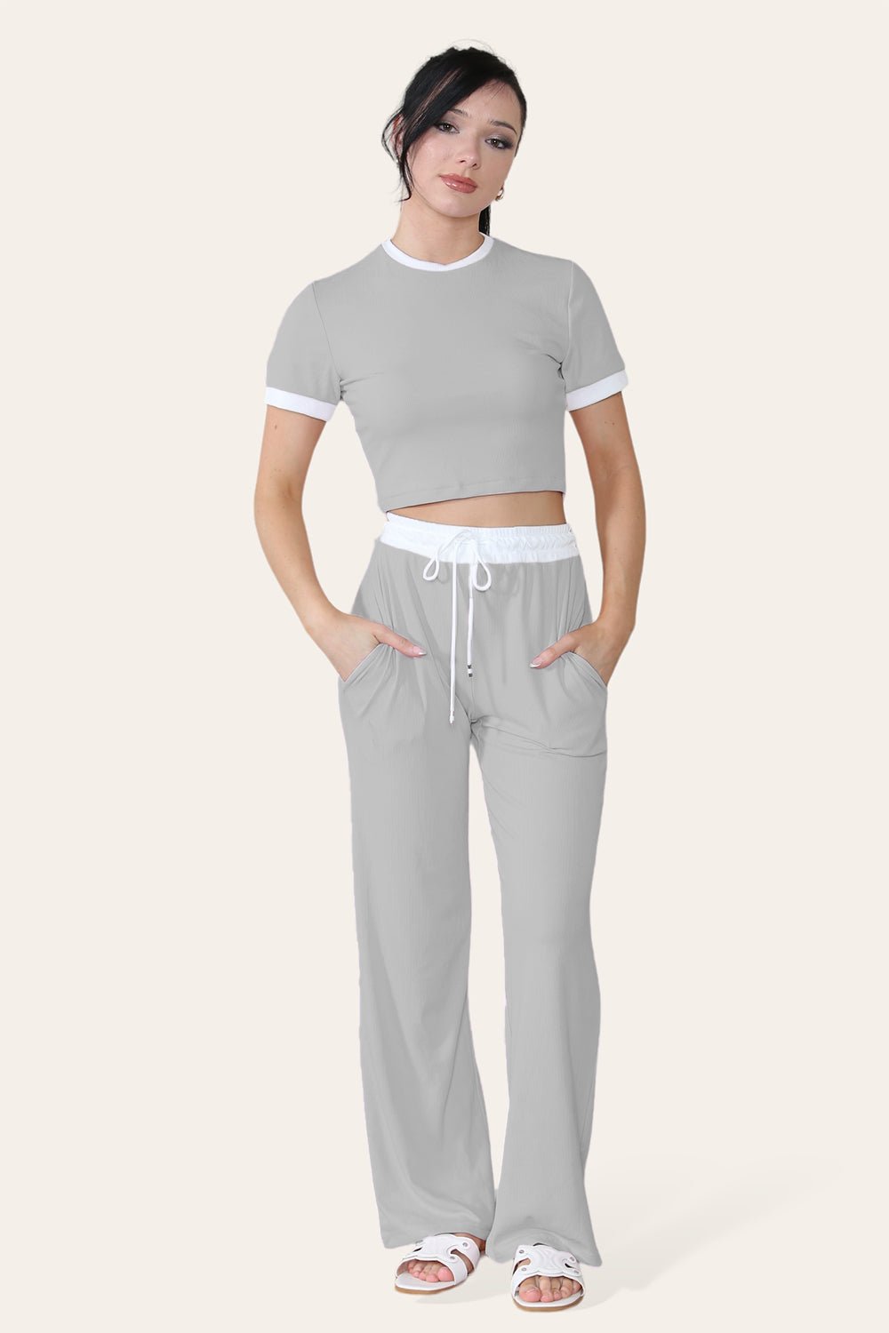 Ribbed Contrast Wide Leg Flared Trousers And Top Loungewear TRSÂ CroppedÂ Set For Women  - Dropwear