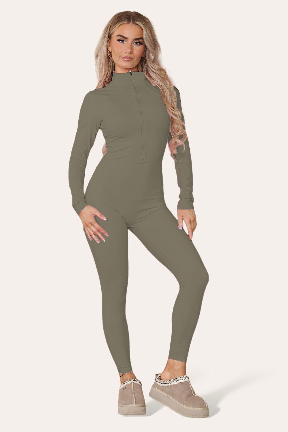 Pink Ribbed High Neck Zipper Collar Jumpsuit Front UnitardÂ Set For Women M/L - Dropwear
