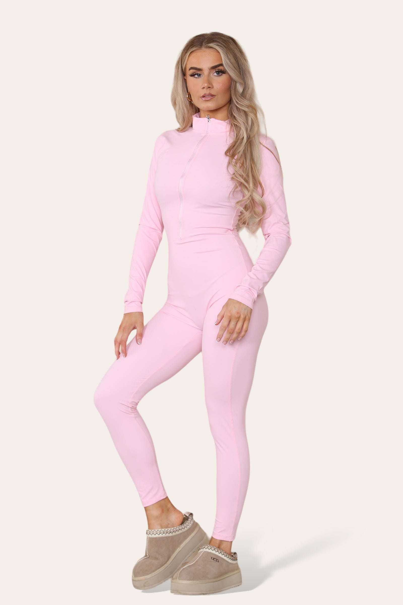 Beige Ribbed High Neck Zipper Collar Jumpsuit Front UnitardÂ Set For Women S/M - Dropwear