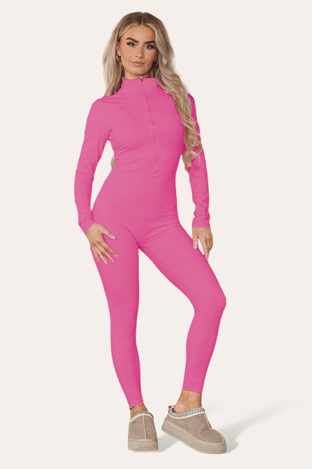 Grey Ribbed High Neck Zipper Collar Jumpsuit Front UnitardÂ Set For Women M/L - Dropwear