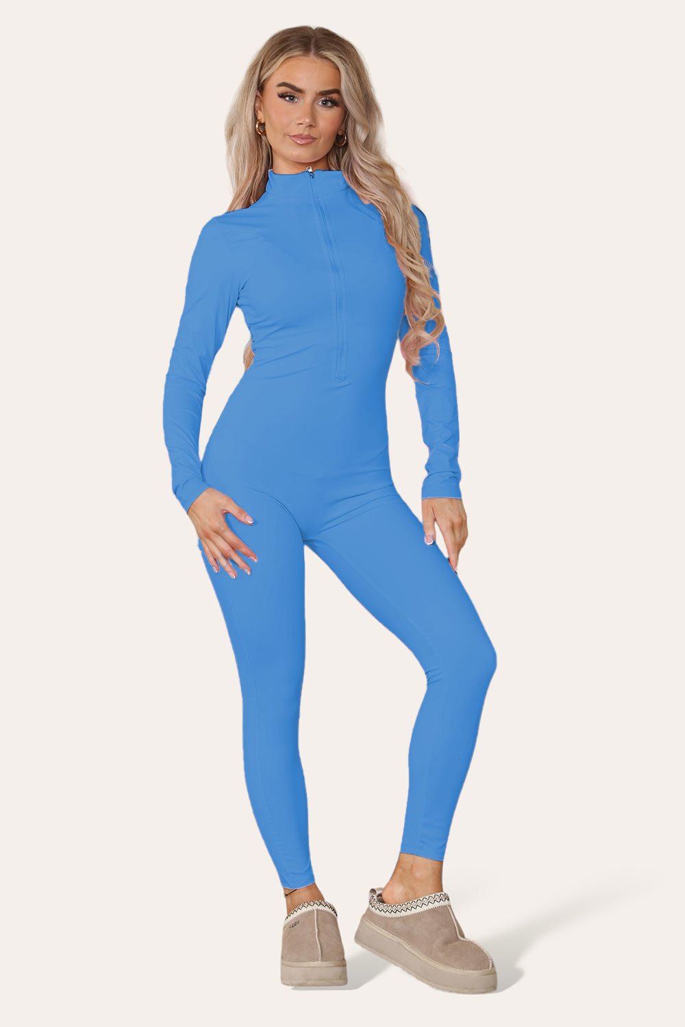 Hot Pink Ribbed High Neck Zipper Collar Jumpsuit Front UnitardÂ Set For Women M/L - Dropwear
