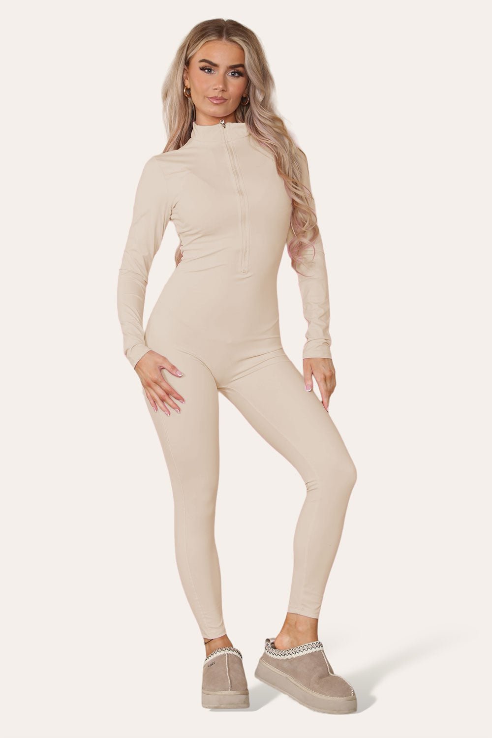 Beige Ribbed High Neck Zipper Collar Jumpsuit Front UnitardÂ Set For Women M/L - Dropwear