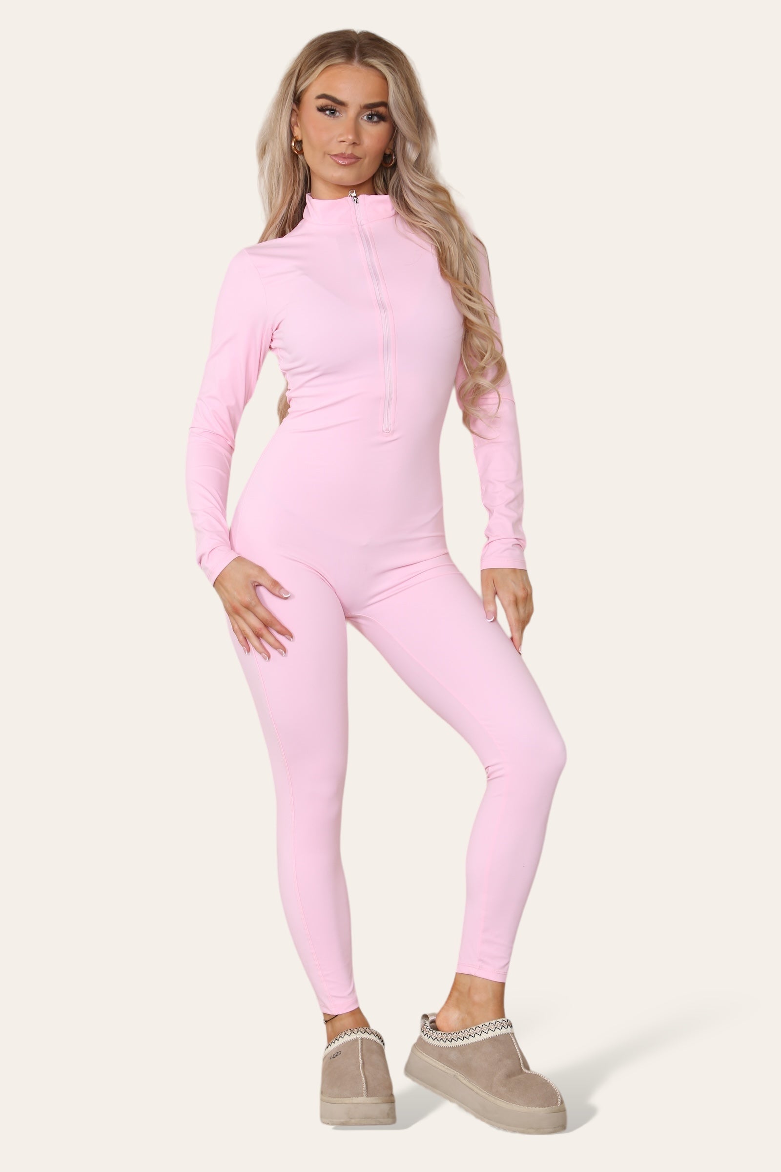 Pink Ribbed High Neck Zipper Collar Jumpsuit Front UnitardÂ Set For Women S/M - Dropwear