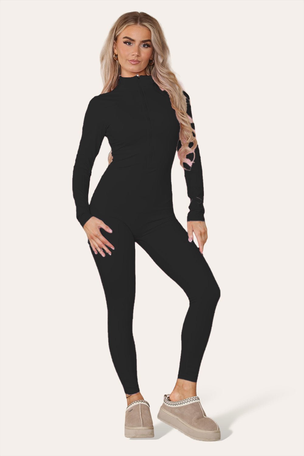 Black Ribbed High Neck Zipper Collar Jumpsuit Front UnitardÂ Set For Women M/L - Dropwear