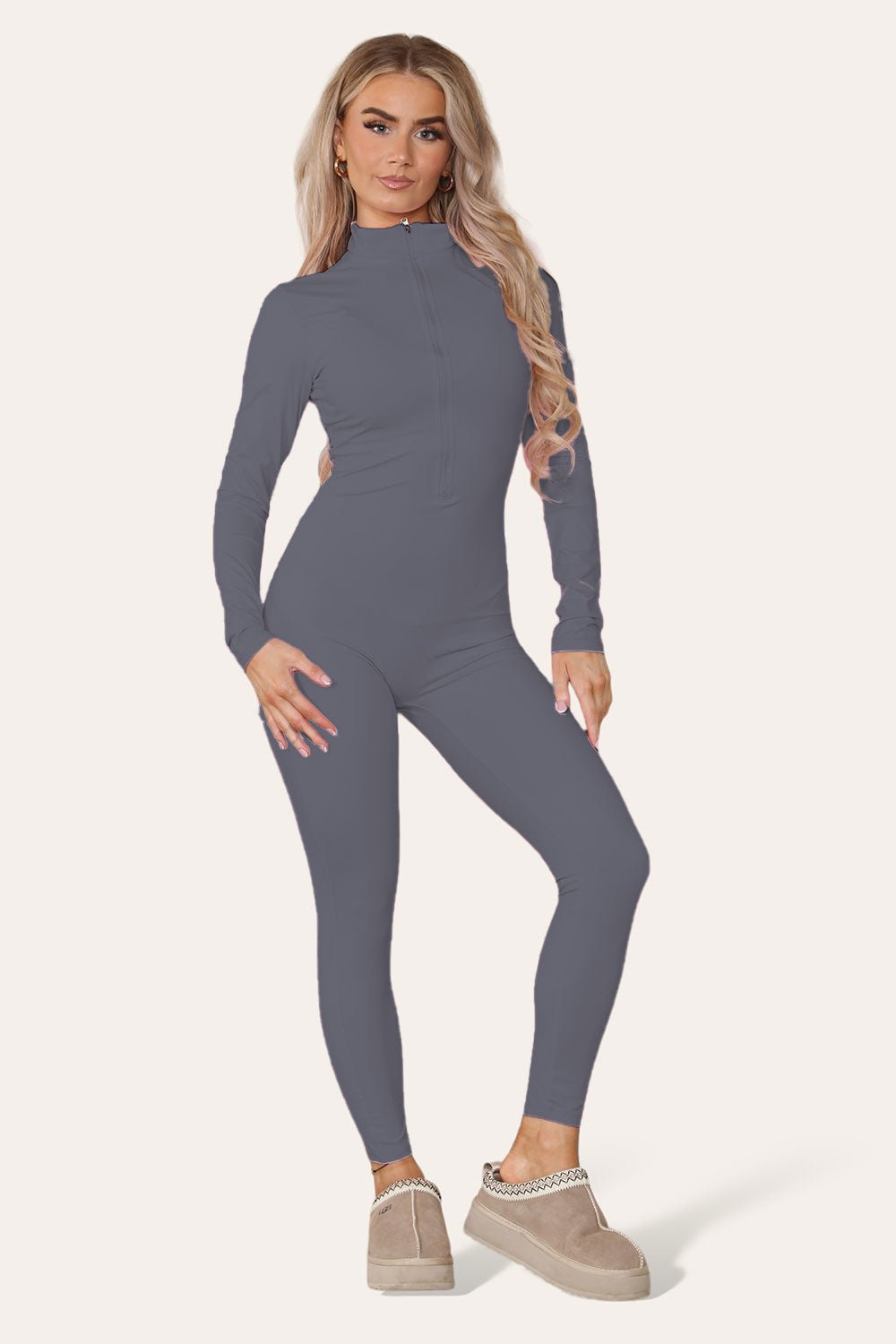 Royal Blue Ribbed High Neck Zipper Collar Jumpsuit Front UnitardÂ Set For Women M/L - Dropwear