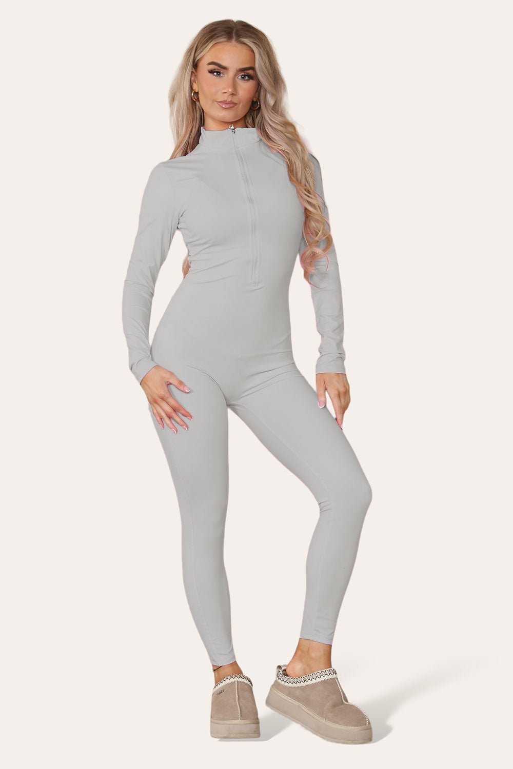 Charcoal Ribbed High Neck Zipper Collar Jumpsuit Front UnitardÂ Set For Women S/M - Dropwear