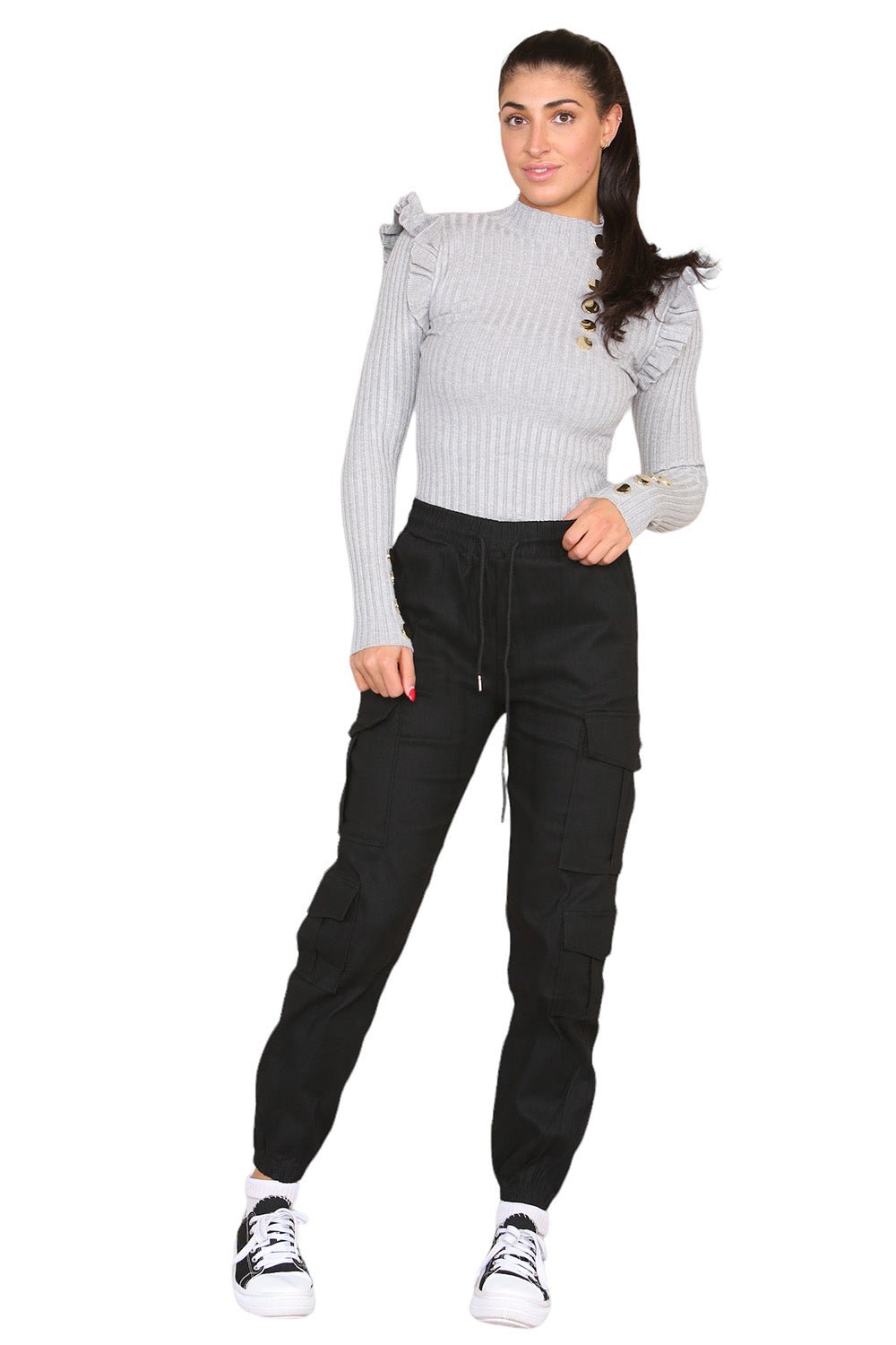 Ribbed Knit Gold Button Detail Jumper with Frill For Women  - Dropwear
