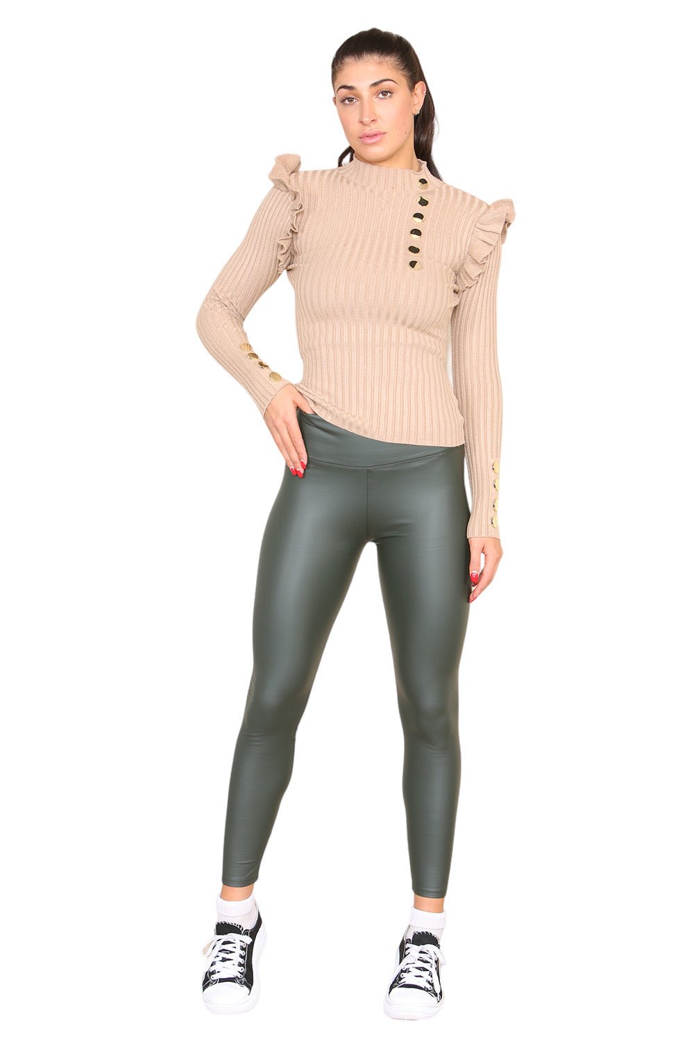 Ribbed Knit Gold Button Detail Jumper with Frill For Women  - Dropwear