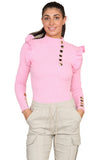Red Ribbed Knit Gold Button Detail Jumper with Frill For Women S/M - Dropwear